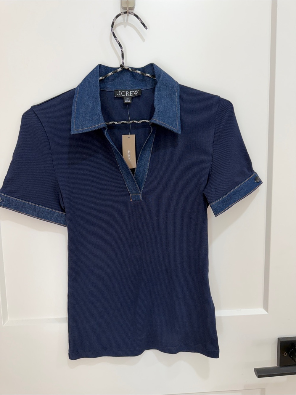 J. Crew Navy Short Sleeve Polo with Denim Trim